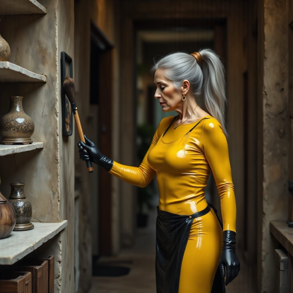 Elderly Woman Dusts Shelf in Yellow Latex Catsuit