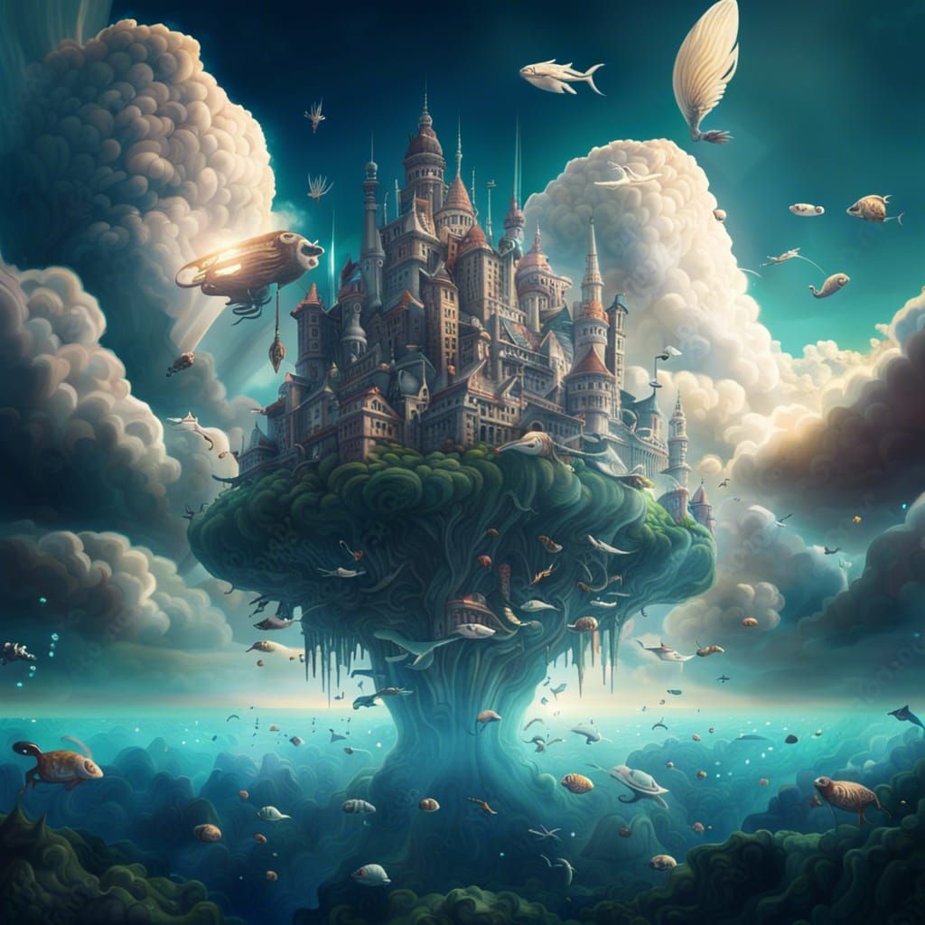 Magical Sky City with Flying Sea Creatures