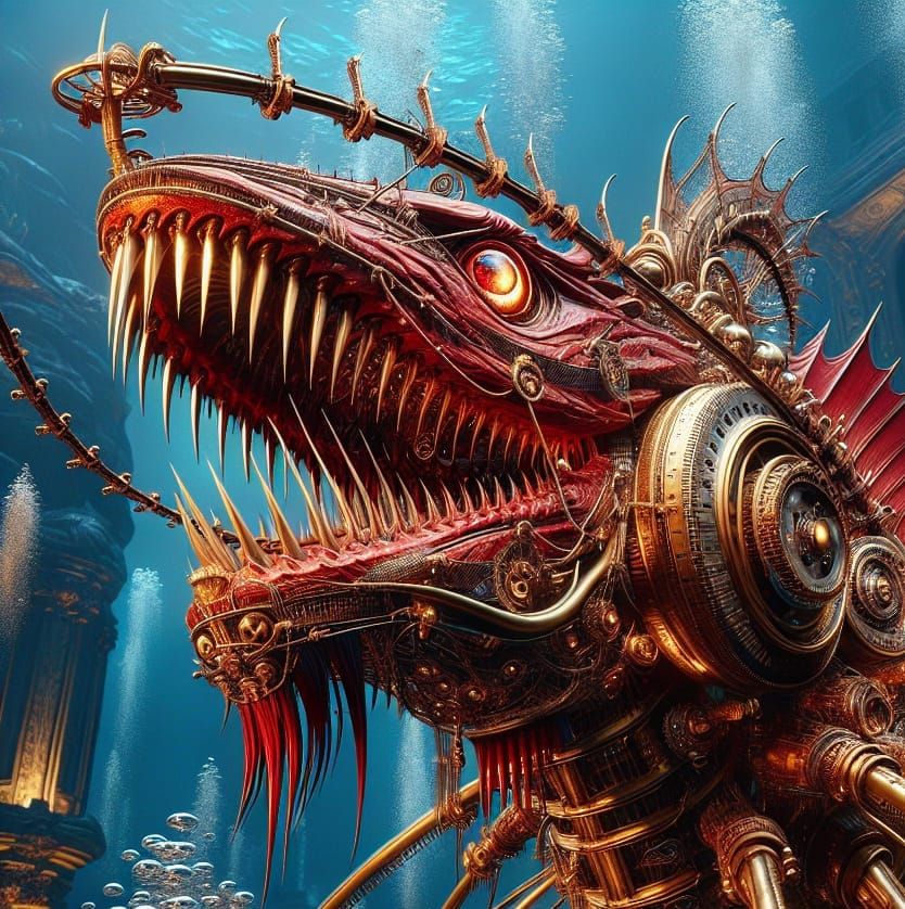 Steampunk Sea Serpent in Deep-Sea Visual Splendor