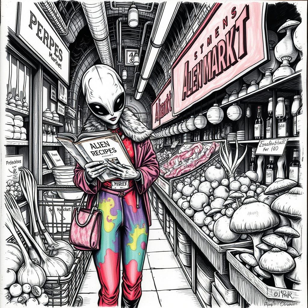 Exotic Ingredients at the Alien Market in Charcoal Style