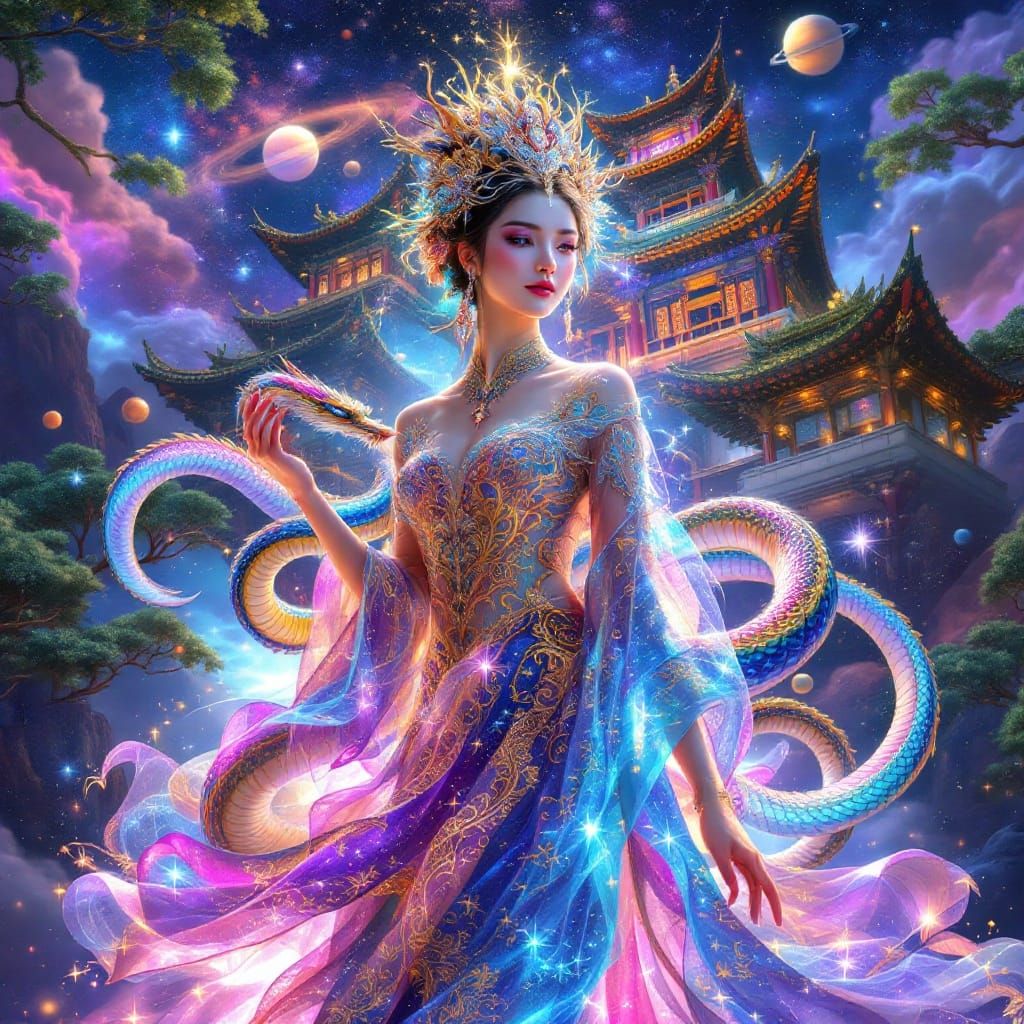 Chinese Goddess with Celestial Snake in Cosmic Palace