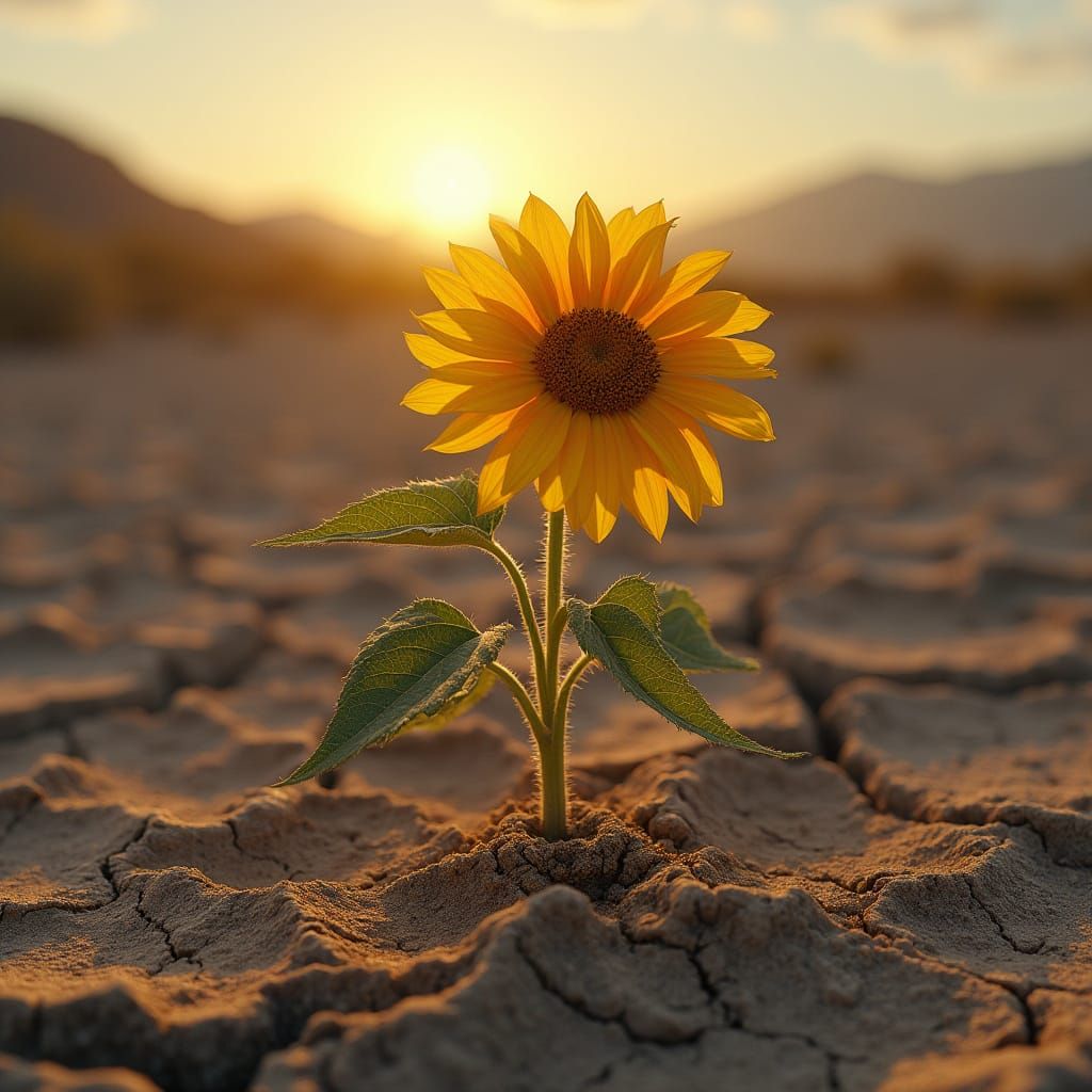 Vibrant Sunflower Emerges in Golden Desert Landscape