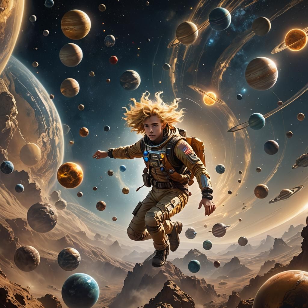 Youth Surrounded by Planets in Space