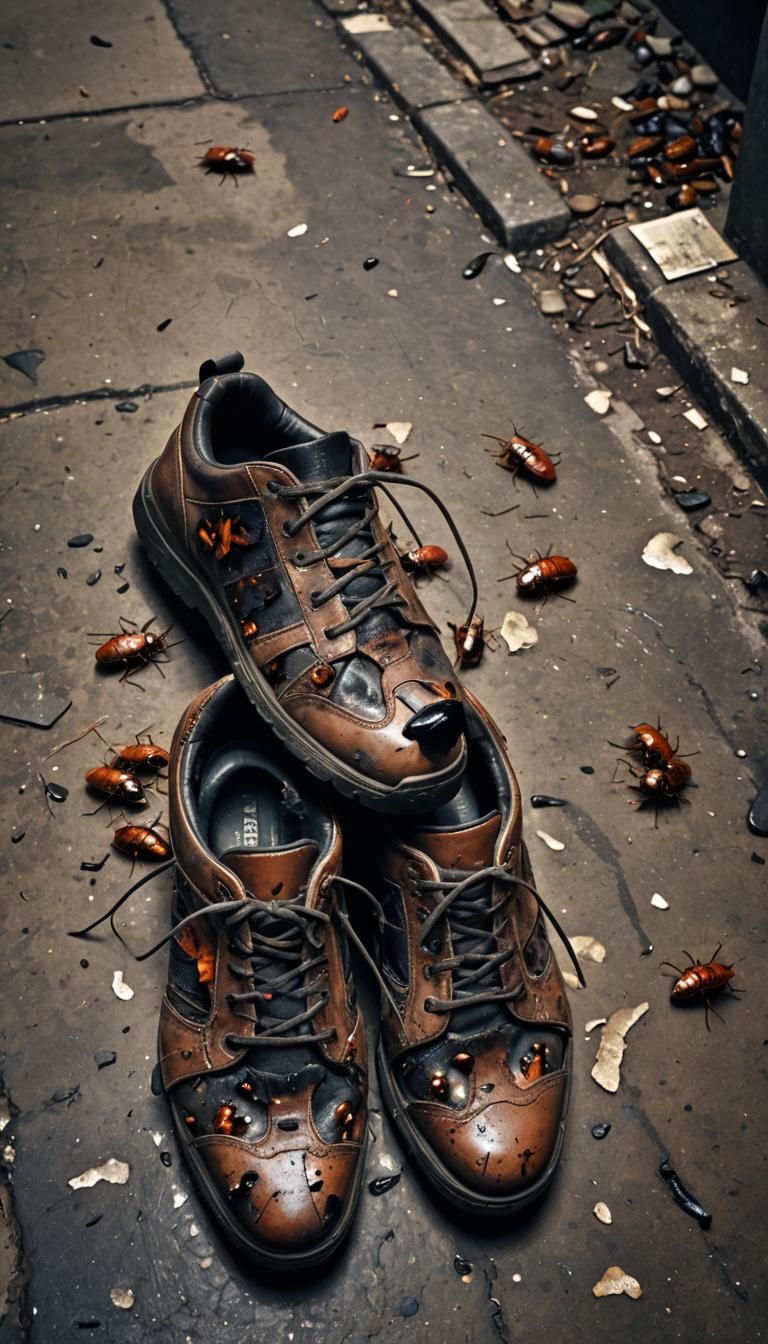 Cockroach-Infested Shoes in Dirty Alley: Digital Art