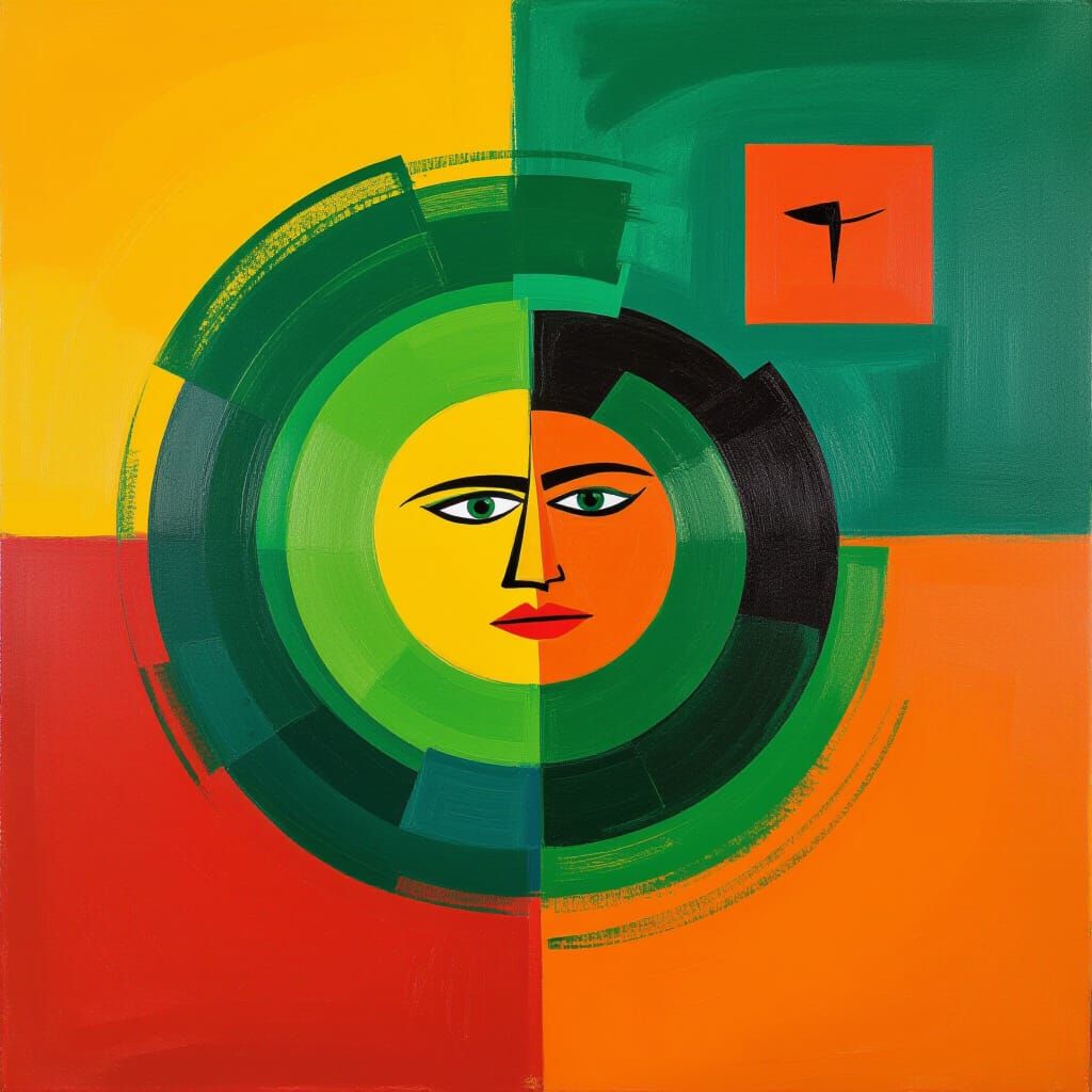 Dynamic Abstract Painting with Green Swirls and Surreal Figu...