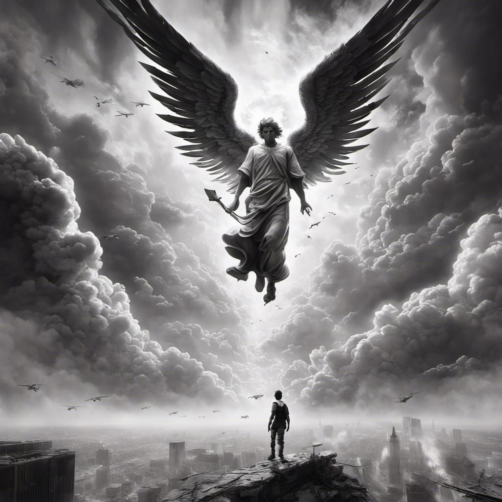 Guardian Angel in Apocalyptic Ink Drawing