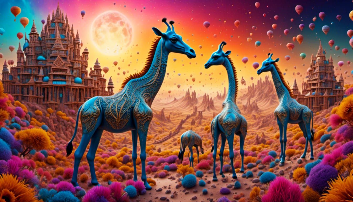 Fingerpunk Caravan of Surreal Giraffe-Camels in Desert