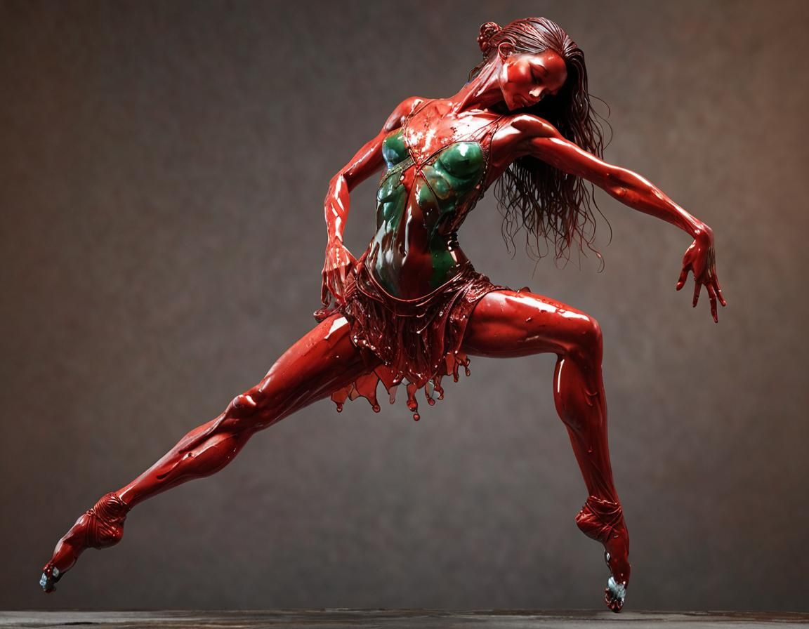 Red-Toned Dancer in Infinite Cityscape: 3D Resin Art