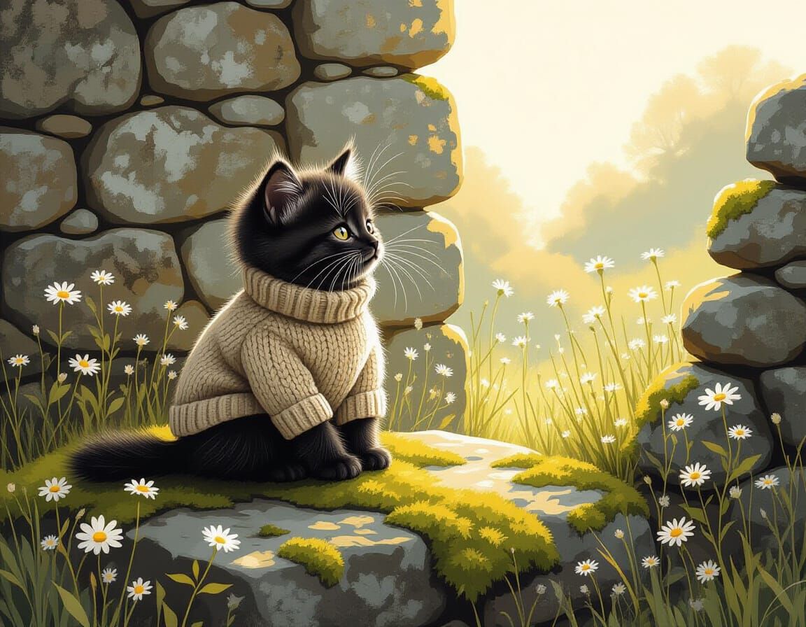 Fluffy Black Kitten on Mossy Stone in Whimsical Style