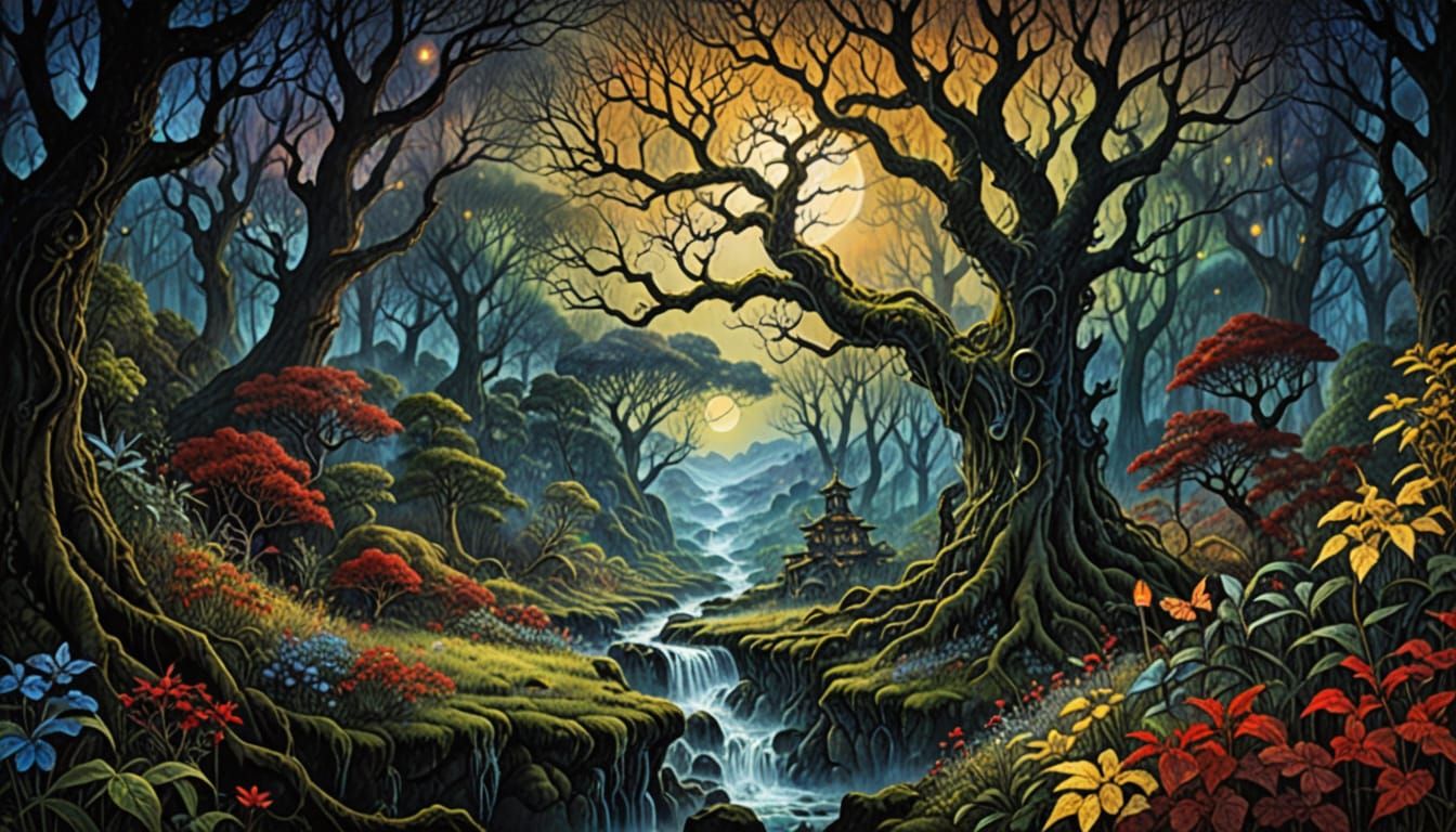 Surreal Misty Forest Garden with Watching Eyes