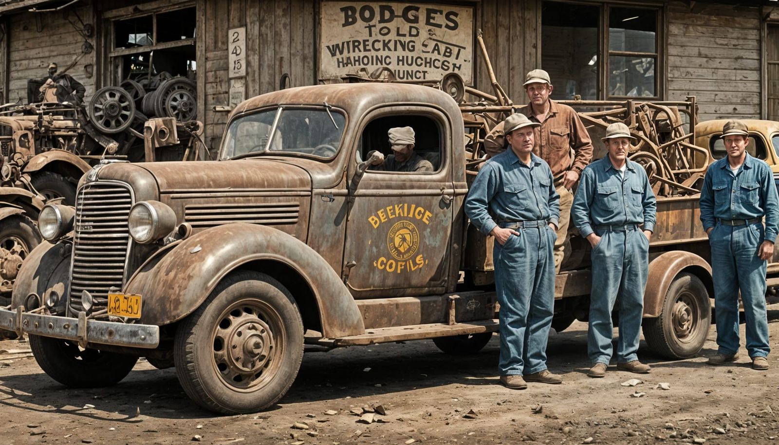 Wrecking Yard Workers by 1935 Dodge Tow Truck