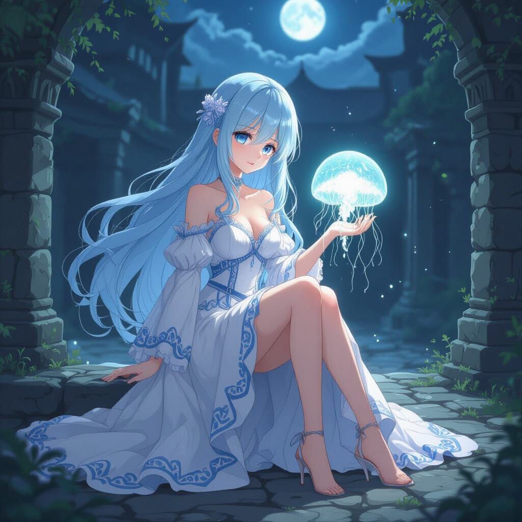 Anime Girl Holds Glowing Jellyfish in Moonlit Courtyard