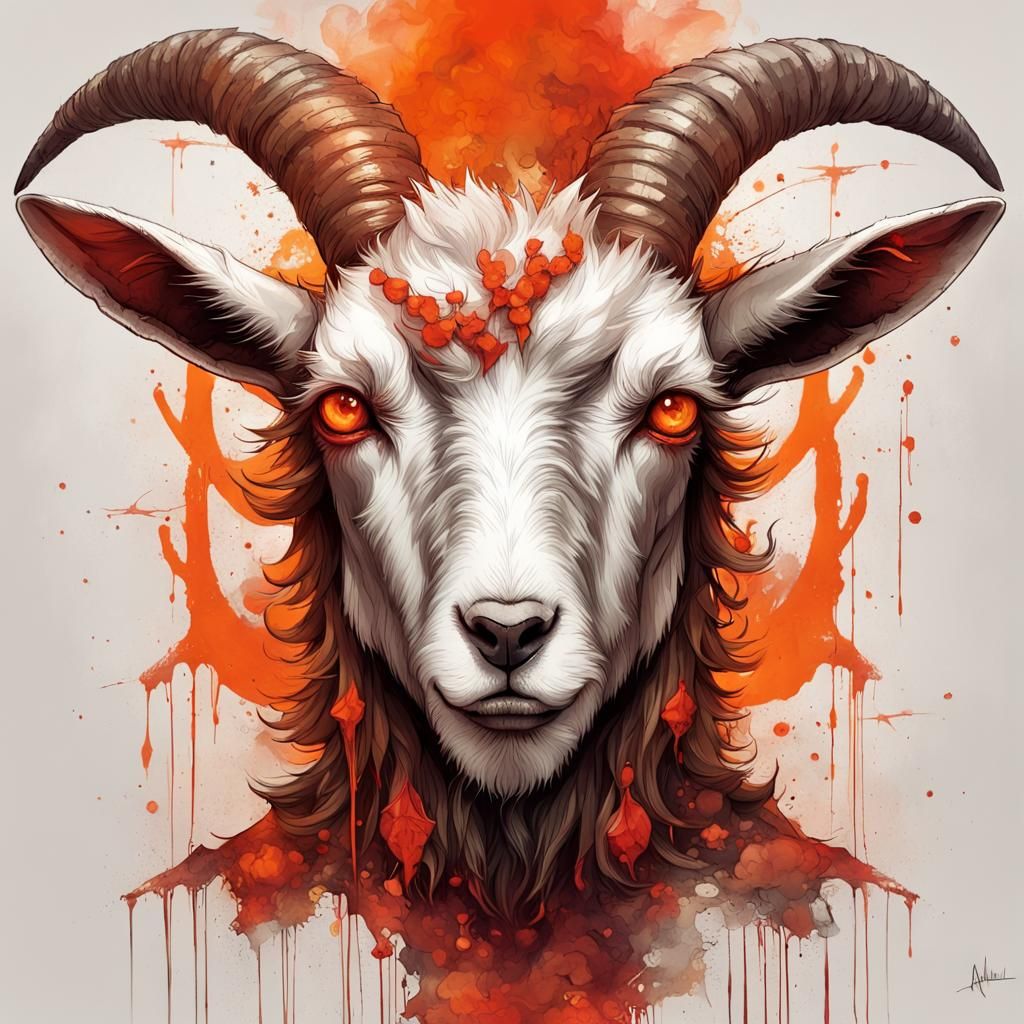 Sinister Goat on Skull Bed: Dreamy Fantasycore Illustration