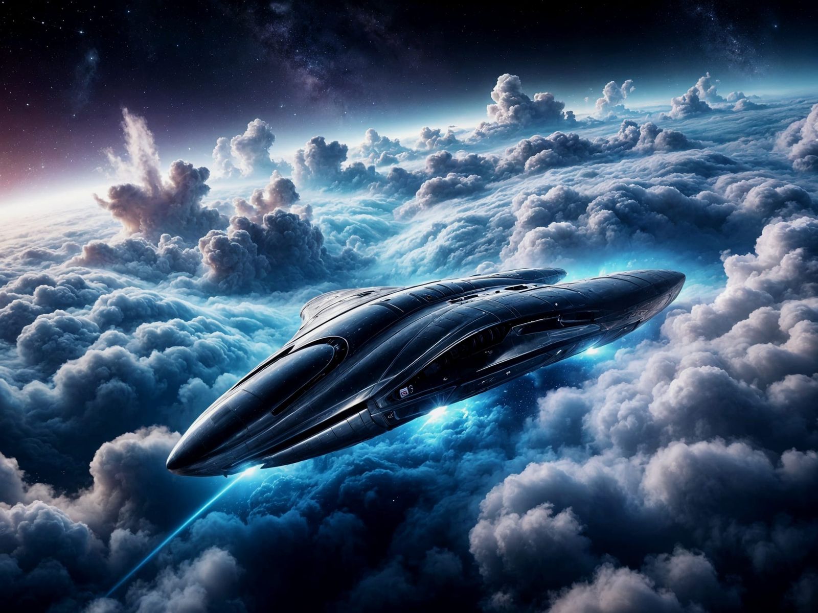 Chrome Spacecraft Gliding Through Nebula: Digital Painting