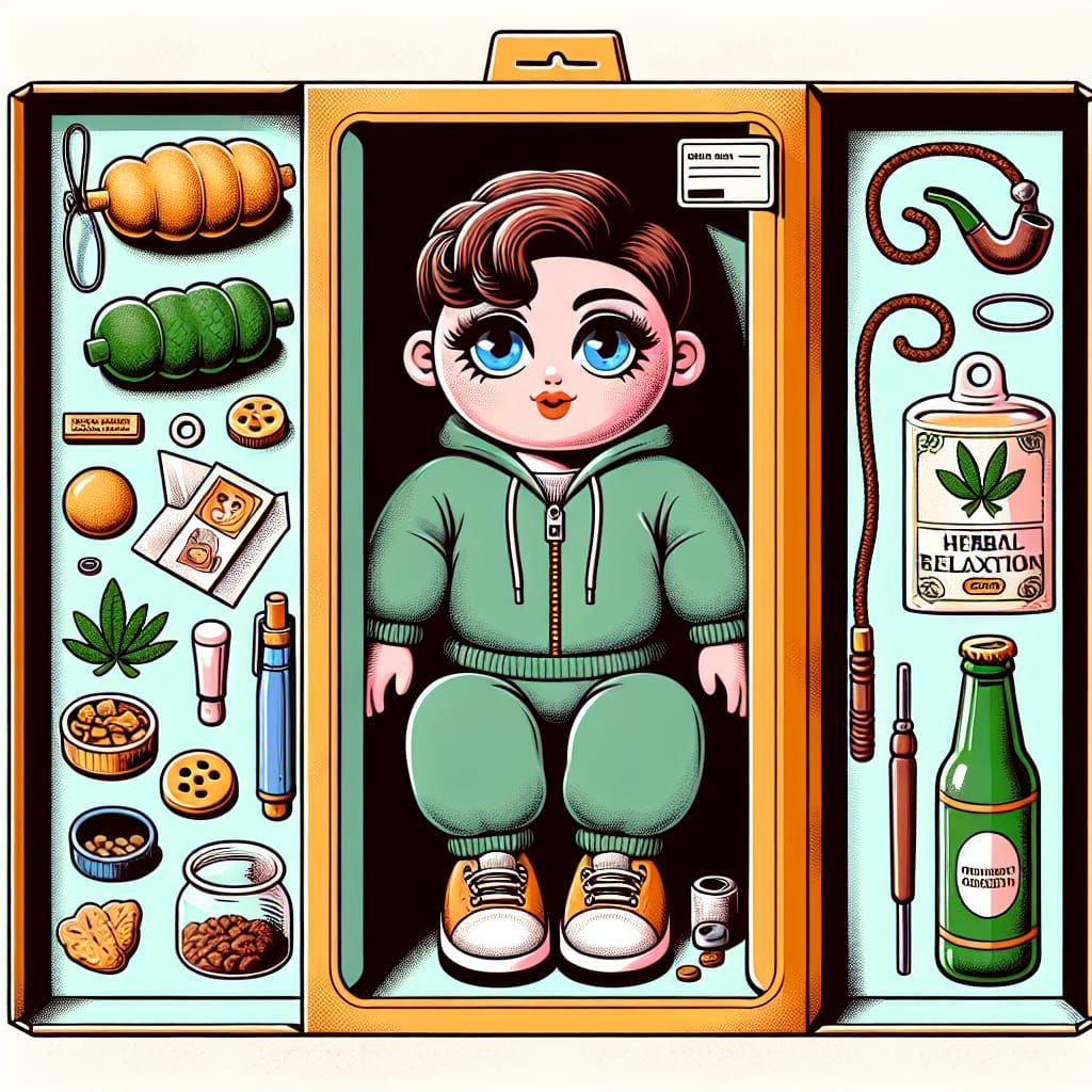 Playful Cartoon Doll with Herbal Accessories on Shelf