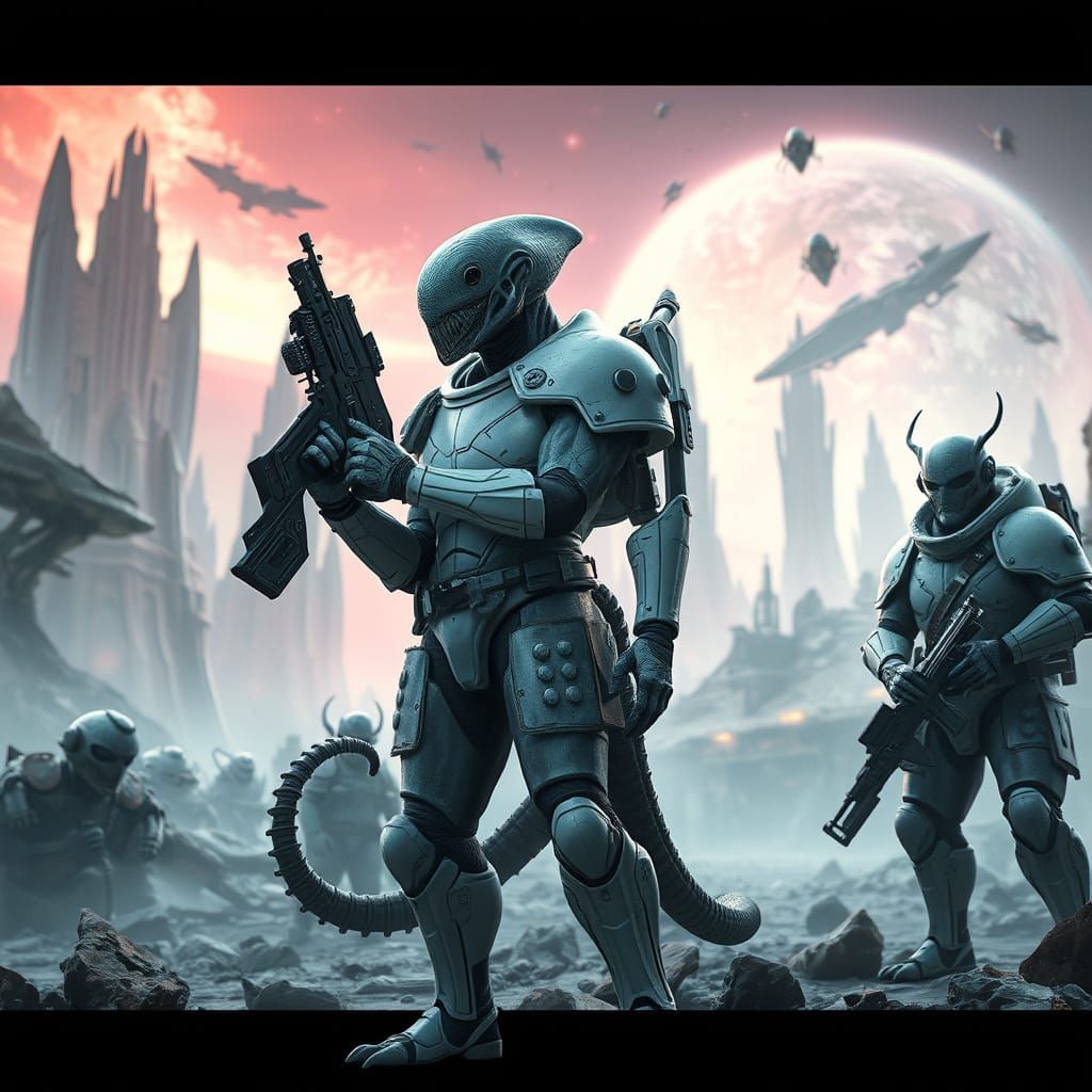 Cyberpunk Alien Warriors in a War-Torn Battlefield