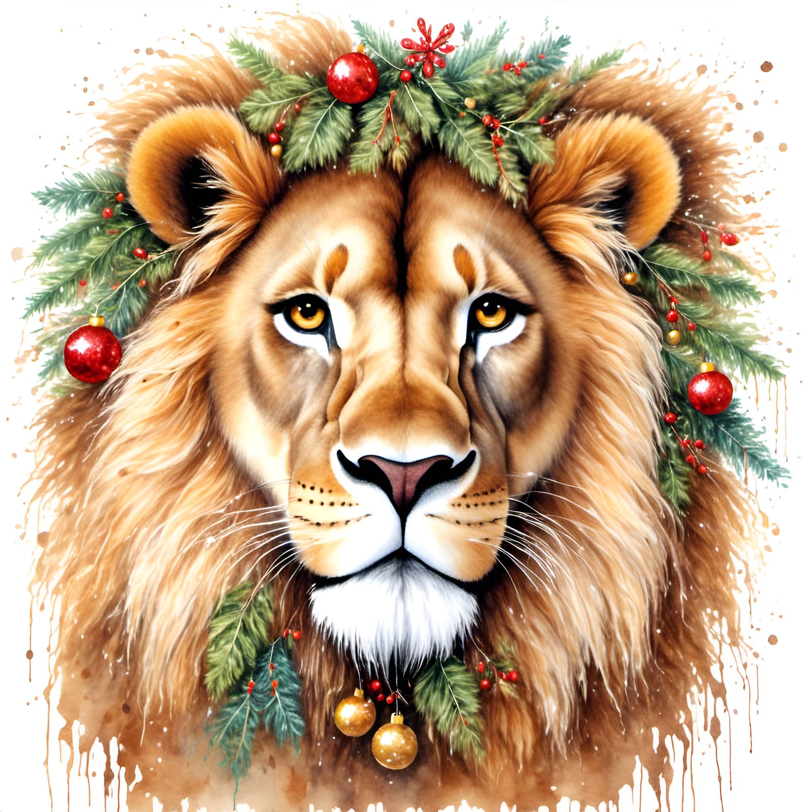 Christmas Lion Clipart in Watercolor Style