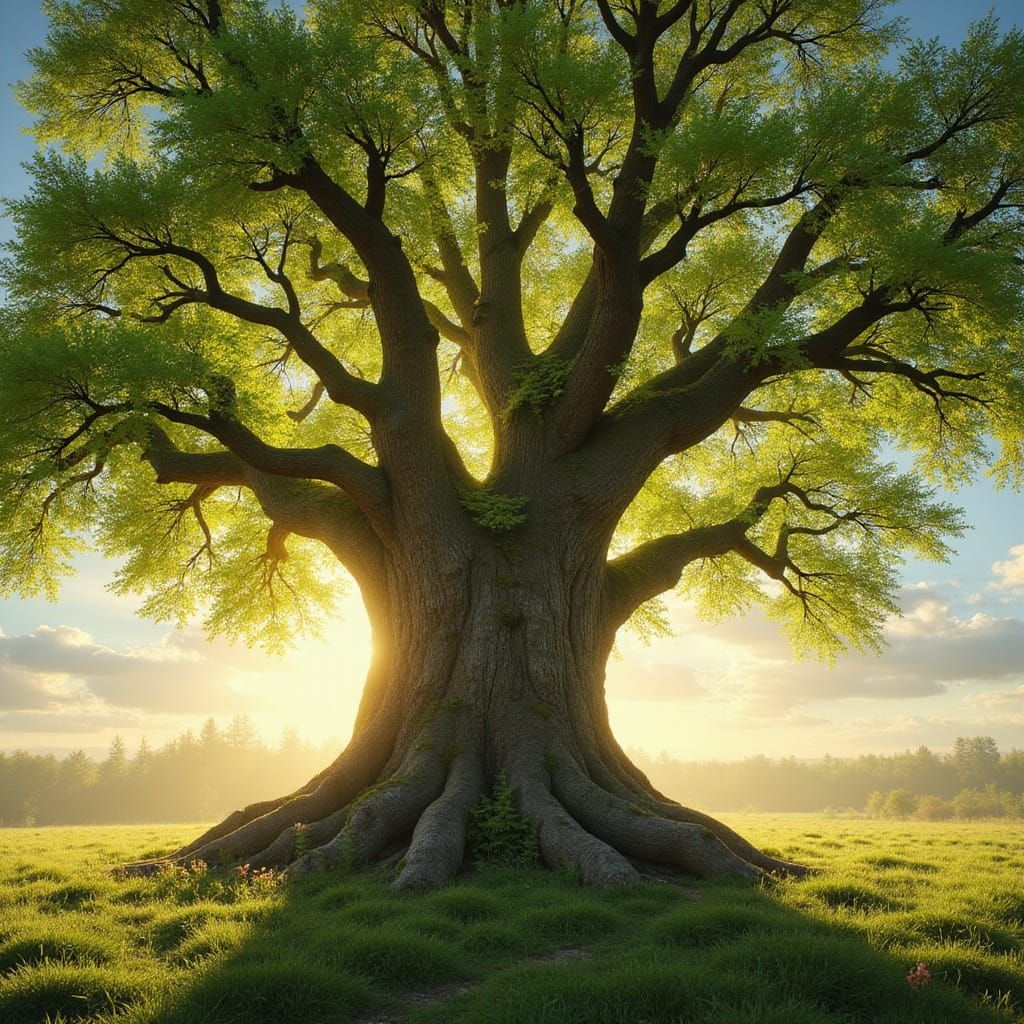 Vibrant Spring Tree in Golden Light, in Fantasy Oil Painting...