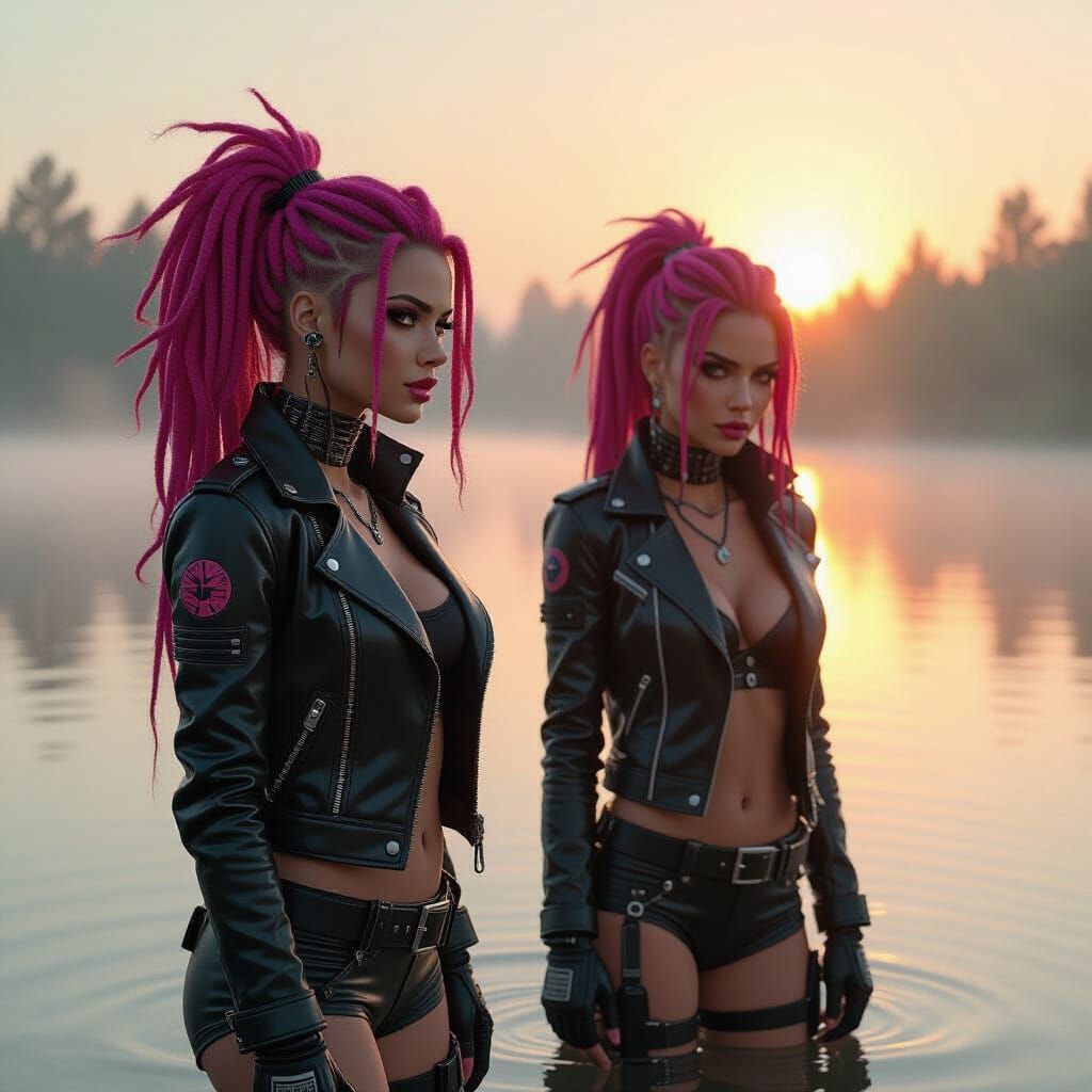 Cyborgs with Pink Dreadlocks in Neo-Noir Style