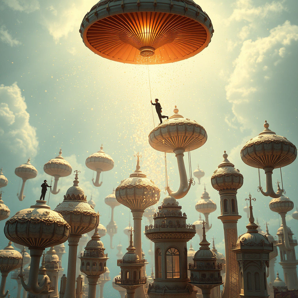 Ethereal Steampunk Metropolis with Floating Homes