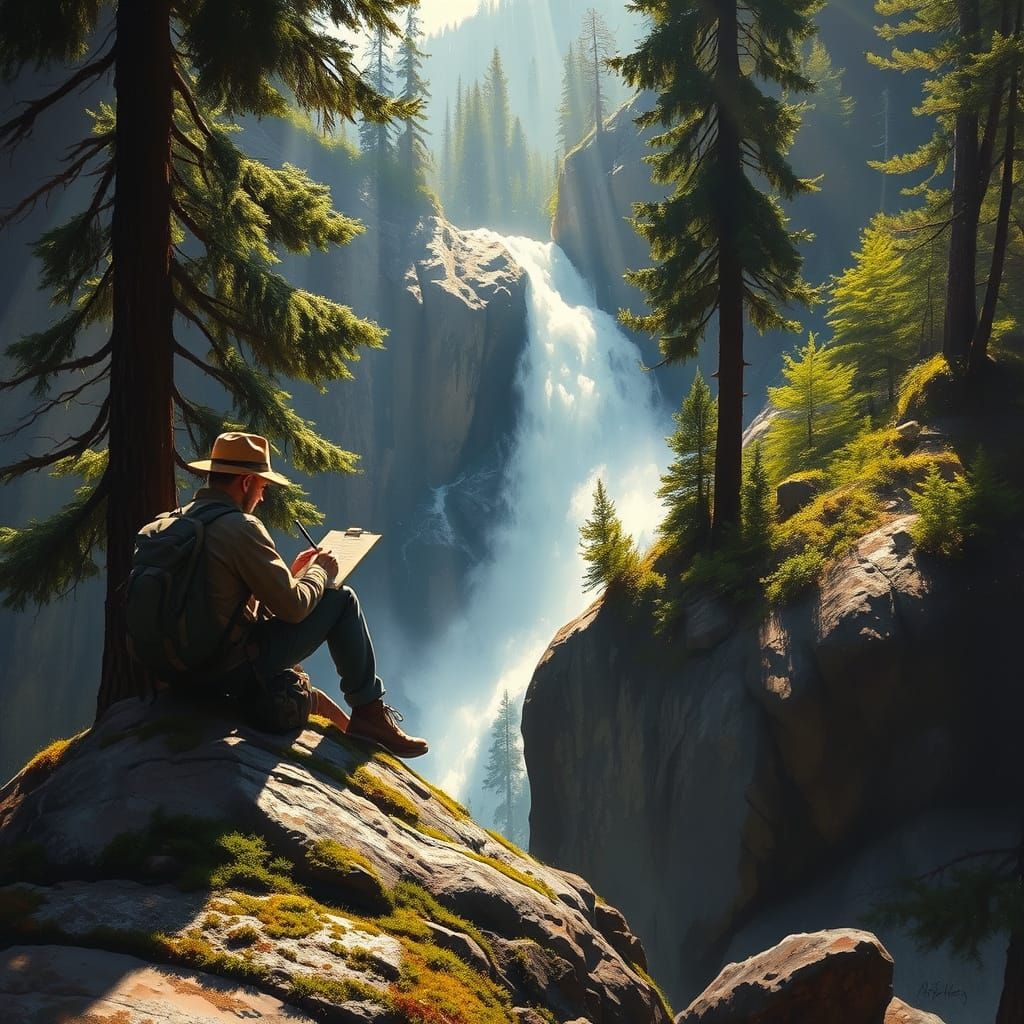 Traveler Sketches Majestic Mountain Cascade by Ancient Pines