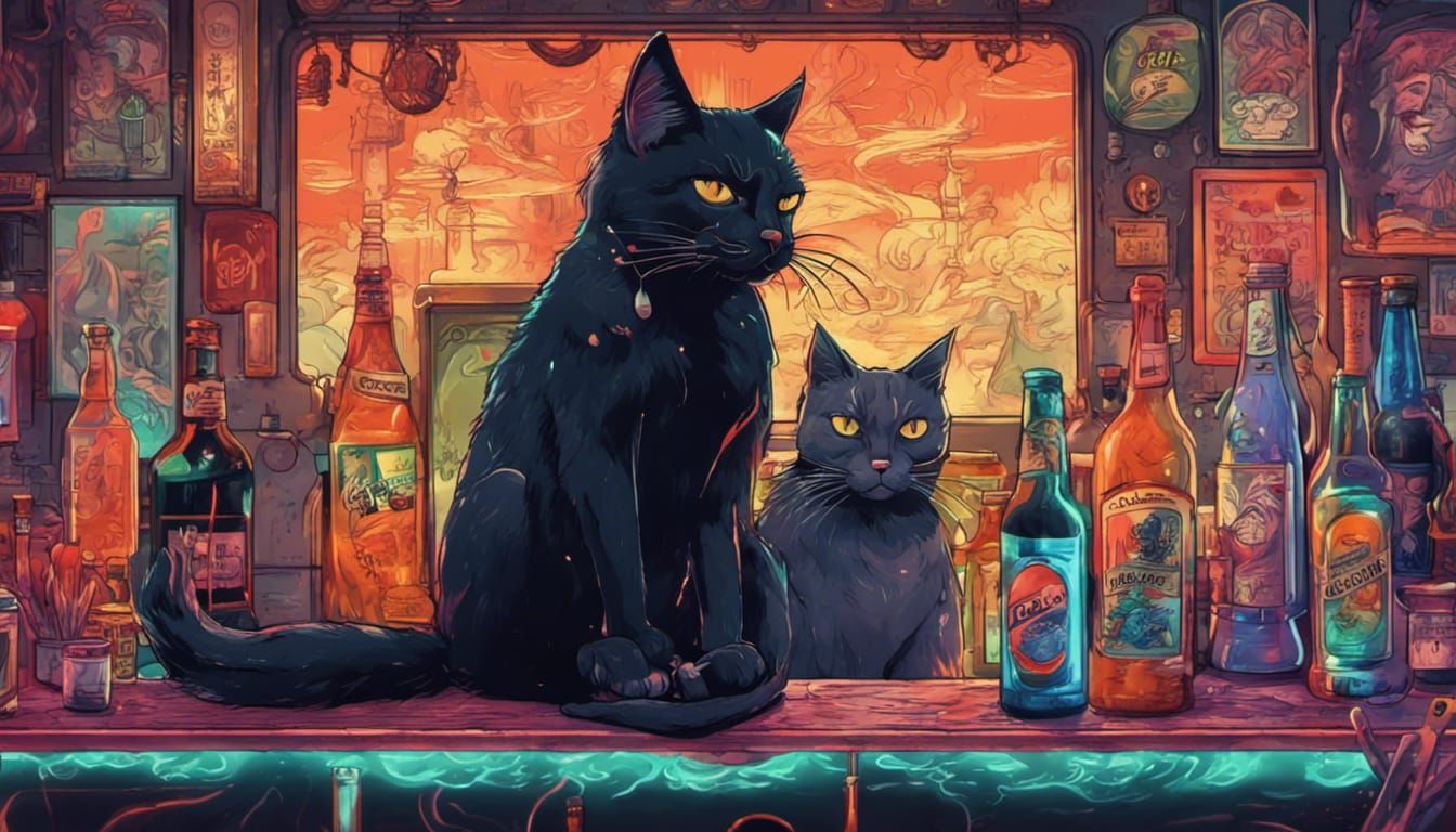 Cats in Neon Japanese Bar, Anime Art