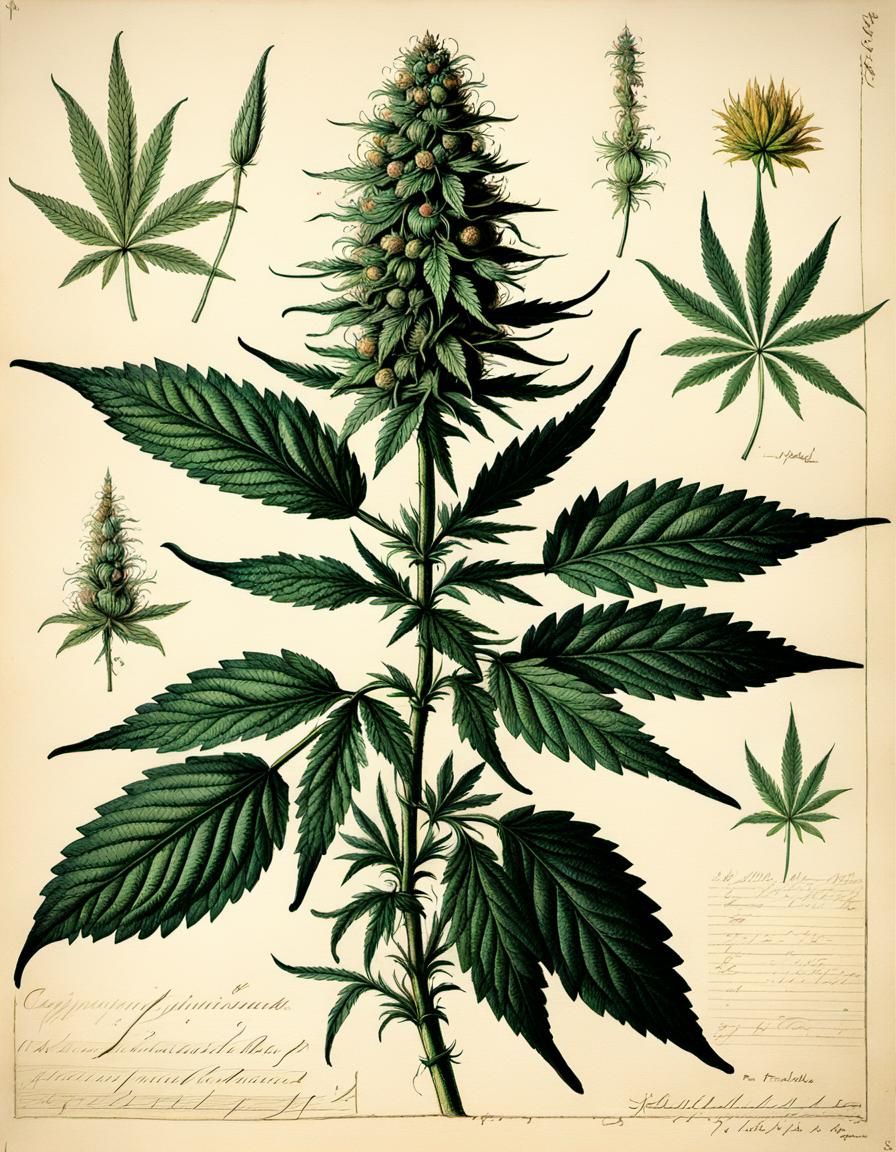 Cannabis Indica Plant in 18th Century Pen and Ink