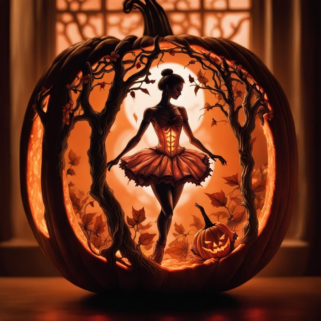 Glowing Ballerina Jack-o'-Lantern in Photorealistic Style