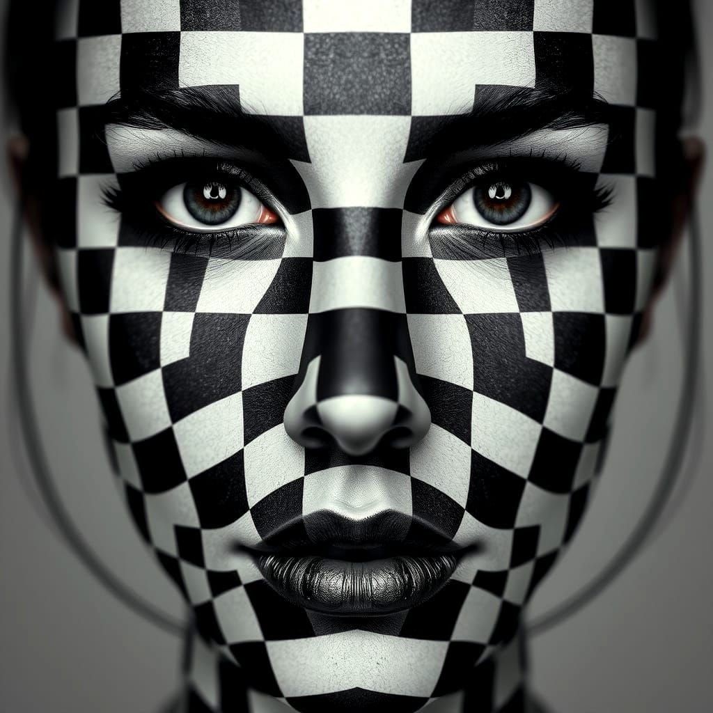 Symmetrical Chess Pattern Face in Black and White