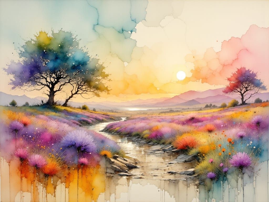 Watercolor Landscape with Alcohol Ink Accents
