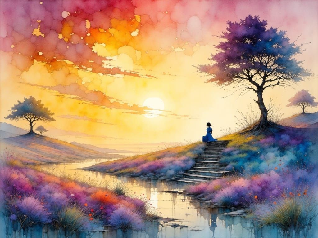 Watercolor Landscape with Transitioning Skies