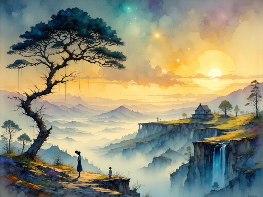 Mystical Mountainscape in Watercolor Style