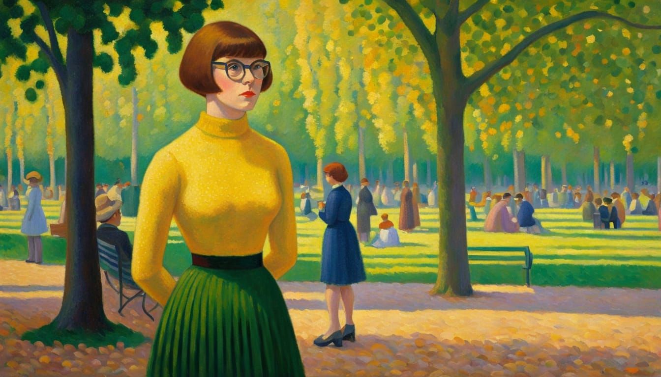 Velma in Sunday in the Park: Pointillist Oil Painting