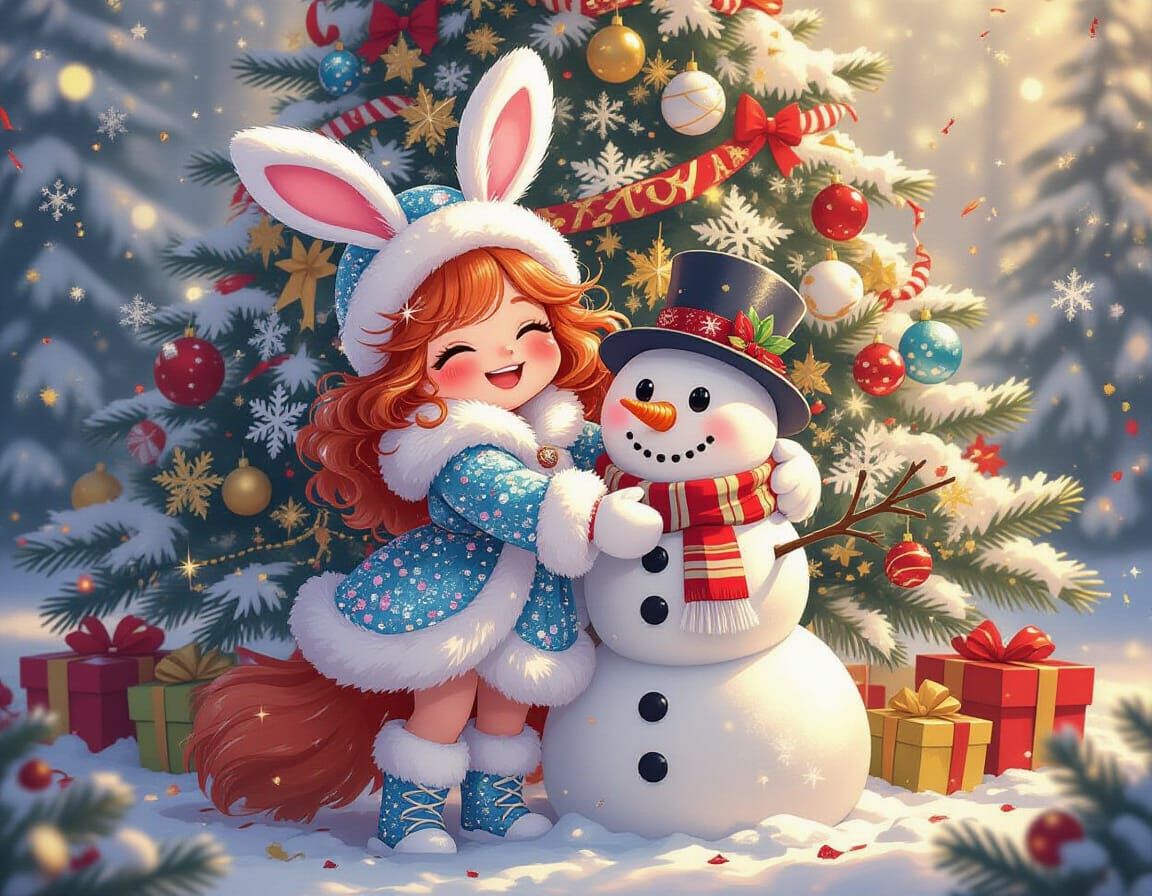 Adorable Snow Maiden Cat in Festive Christmas Scene