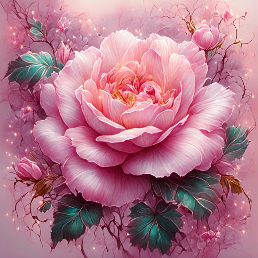 Pink Rose with Leaves in Artistic Style
