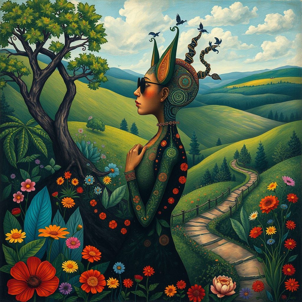 Whimsical Psychomath Lost in Dreamy Folk-Art Landscape