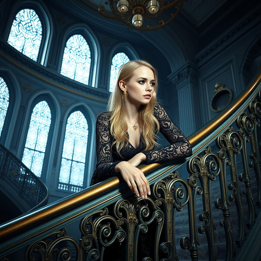 Blonde in Lace Dress on Ornate Staircase