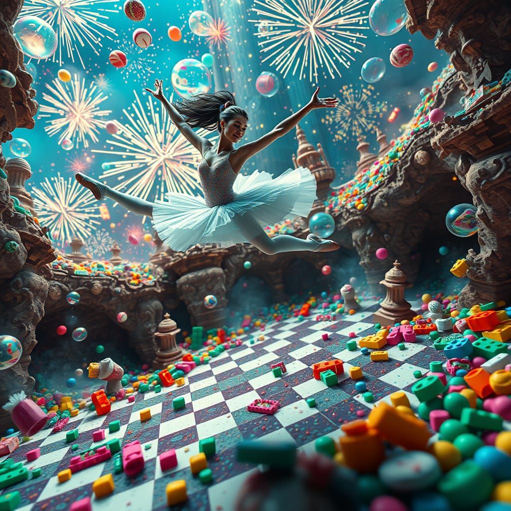Whimsical Ballerina in Vibrant Fractal Dreamscape