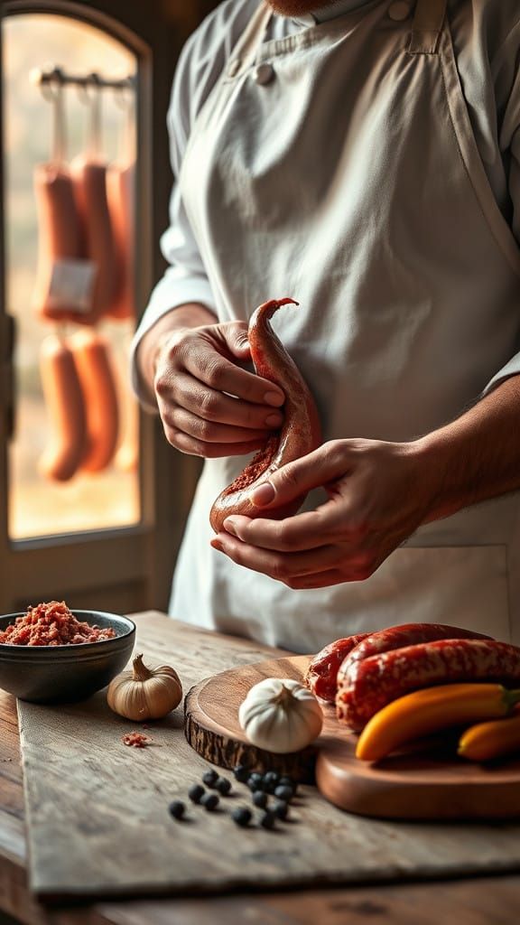 Master Chef Prepares Sausages in Smokehouse Setting