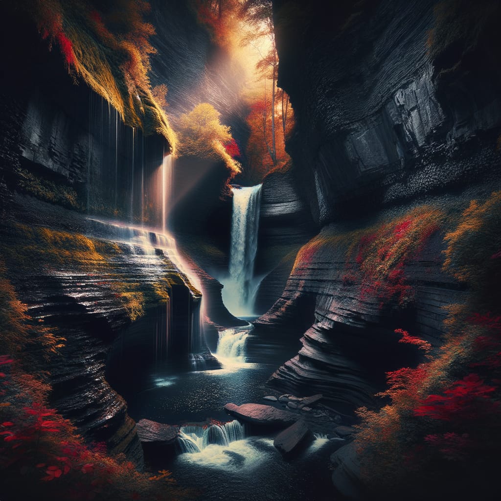 Luminous Waterfall in Autumn Canyon with Chiaroscuro Lightin...