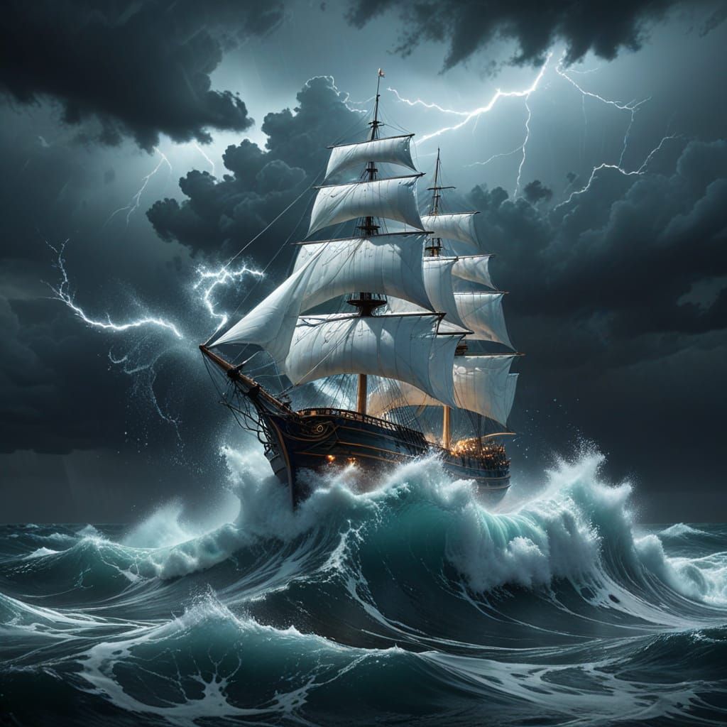 Majestic Ship of Liquid Surges Through Stormy Seas