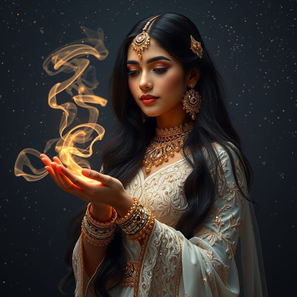 Celestial Goddess with Dark Hair and Golden Accents in a Sta...