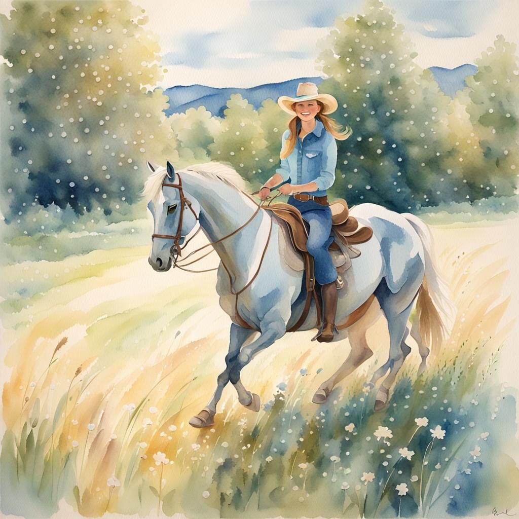 Whimsical Cowgirl Riding Horses in a Sunny Meadow