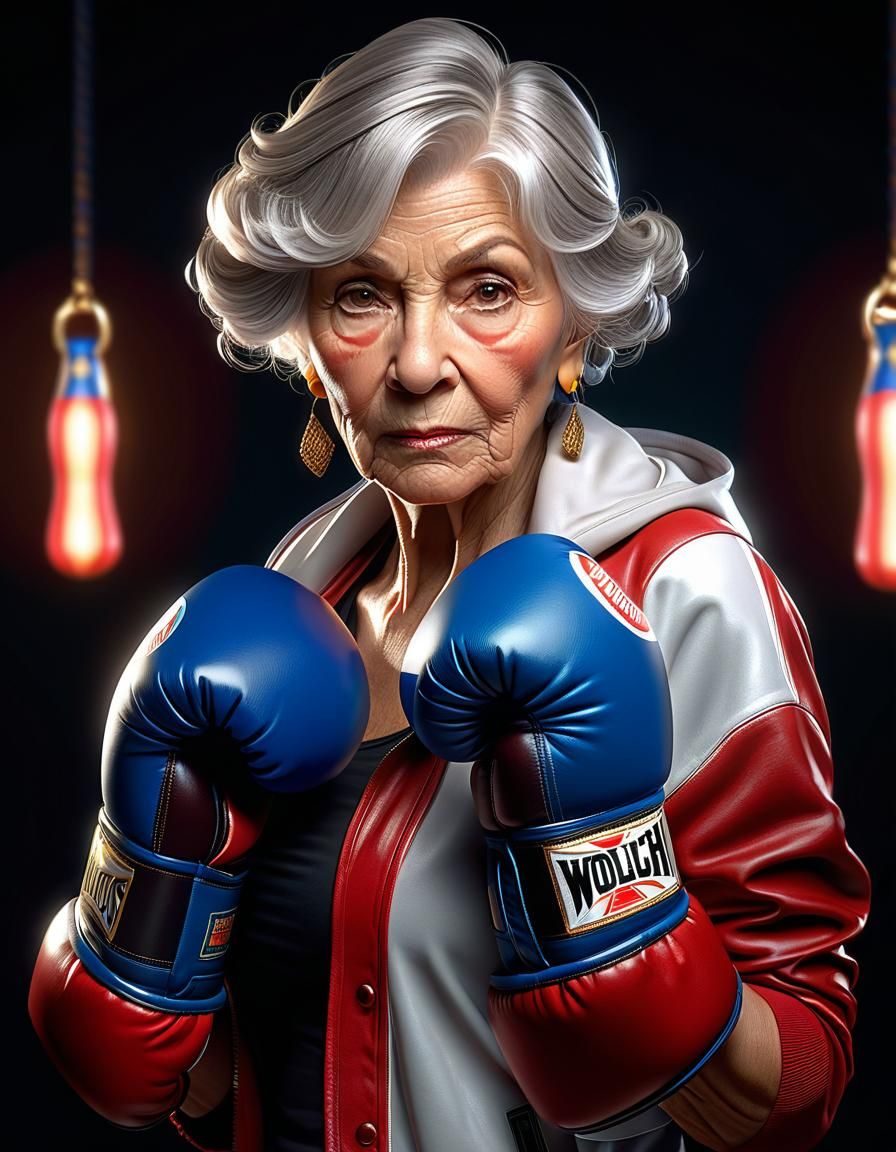 Elderly Woman with Boxing Gloves, Detailed Portrait