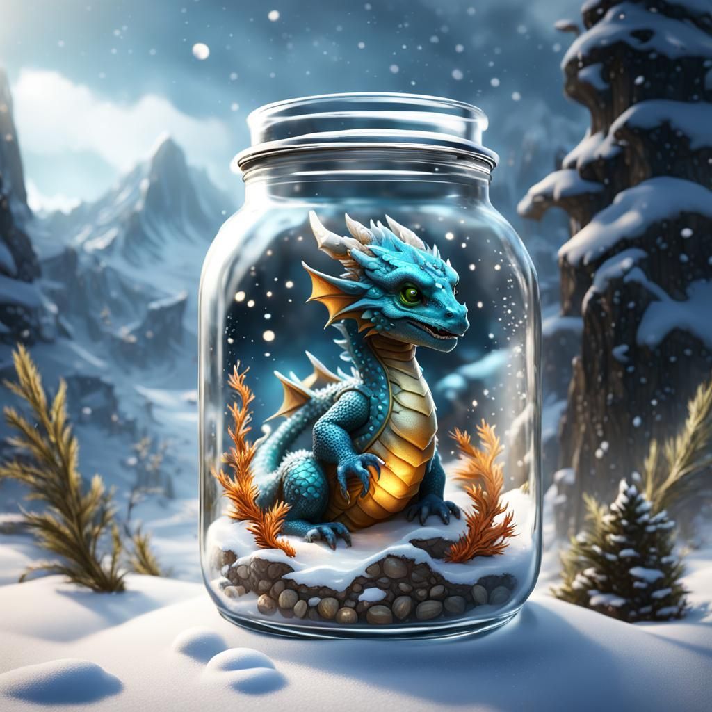 A baby dragon in the snow in a jar