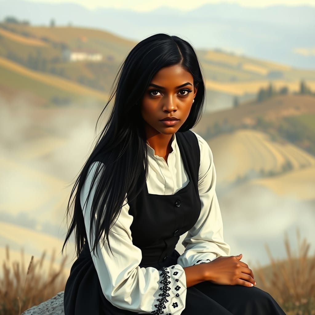 Sepia Sketch of Woman in Musketeer Attire