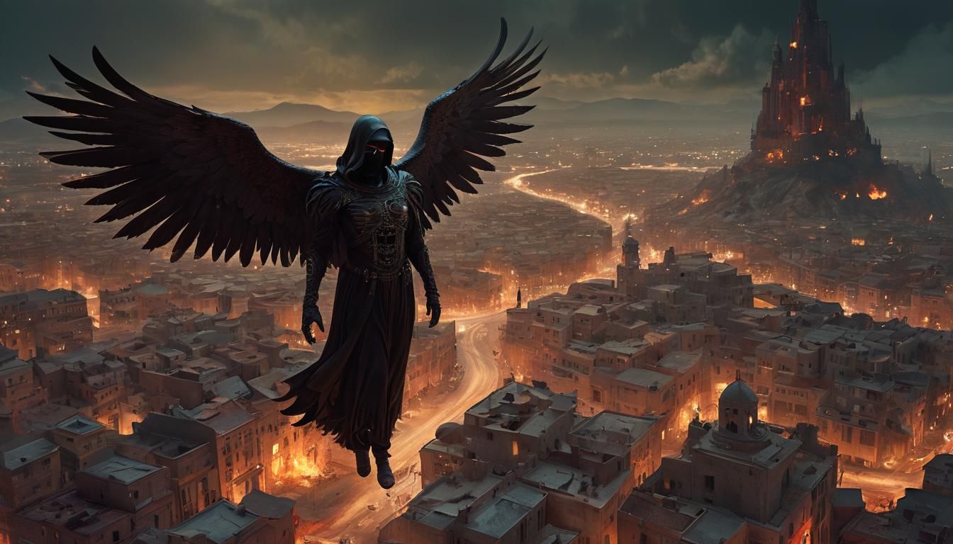 Surreal Dark Angel in Flames, Cityscape Concept Art