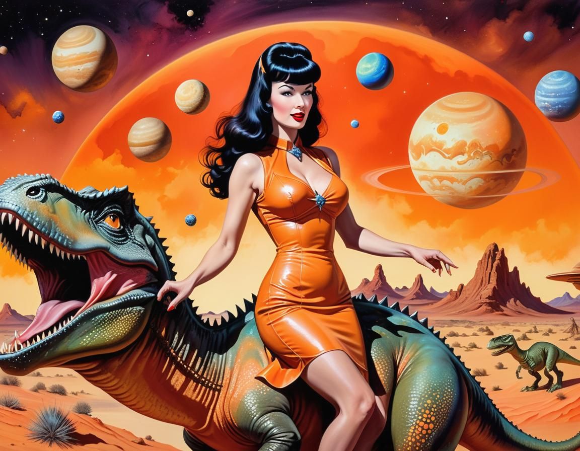 Bettie Page Rides a Dinosaur on Alien Planet