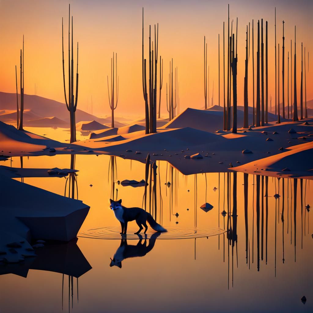 Desert Fox with Water Reflection in Unreal Engine