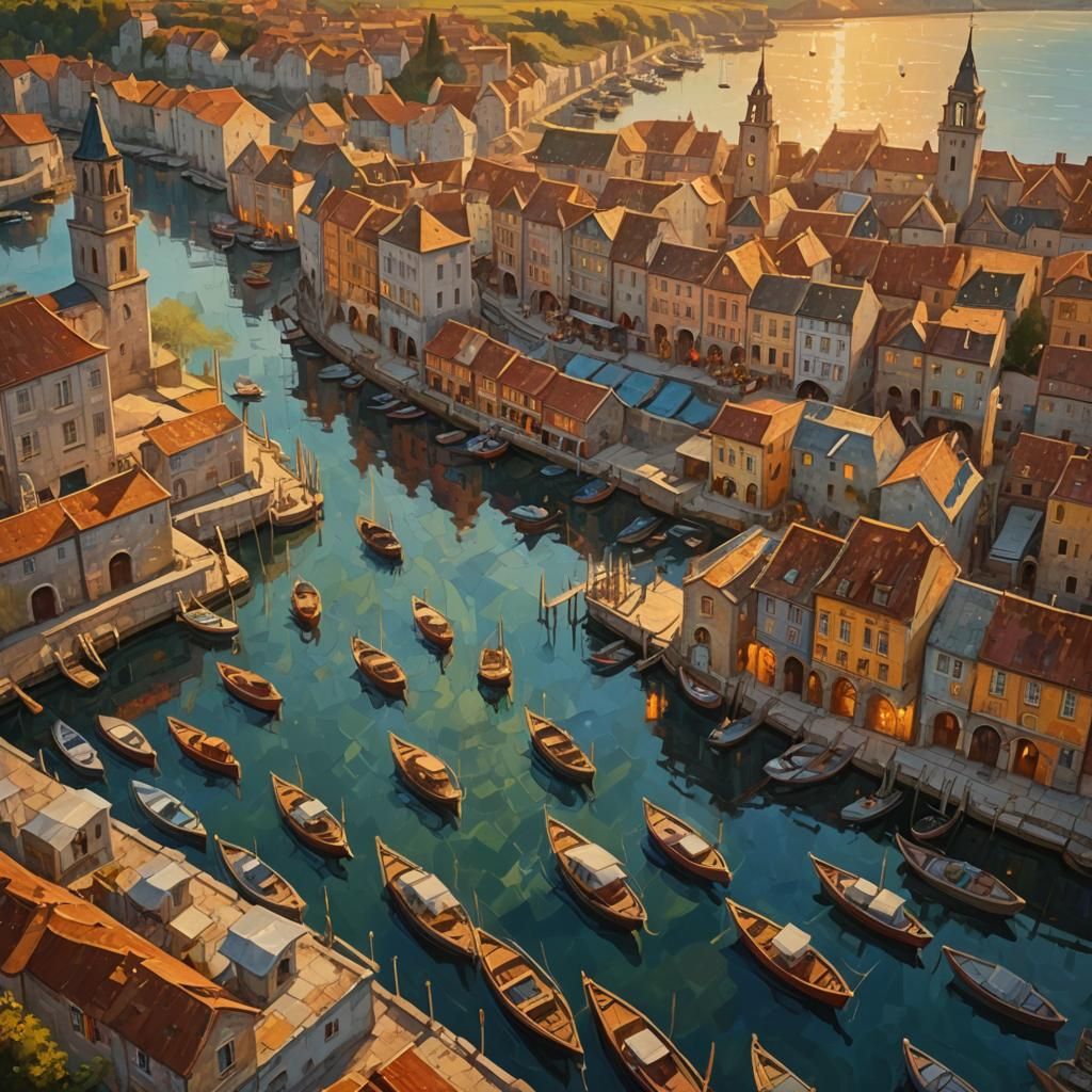 Fantasy Harbour Sunset: Aerial Oil Painting